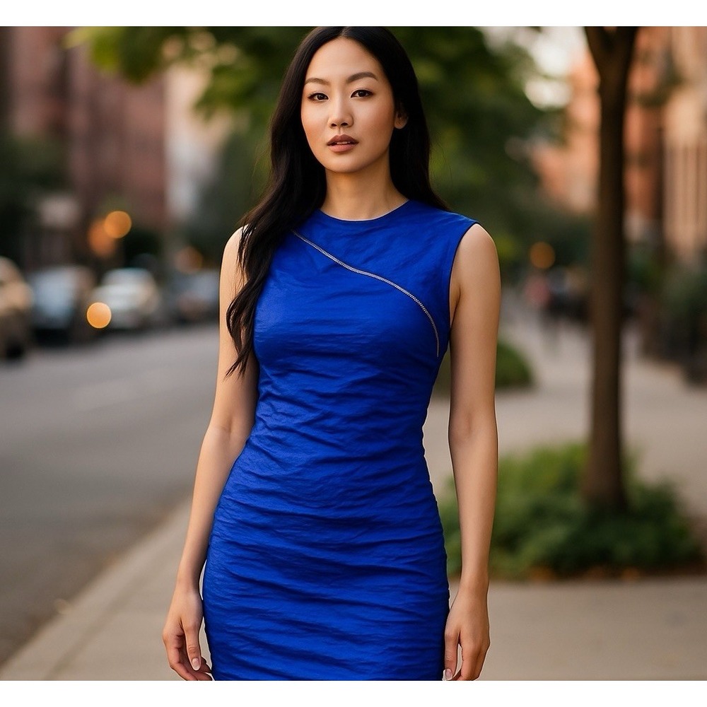 Yigal Azrouel New York Cocktail Bodycon Pencil‎ Crinkled Dress Blue Size 6